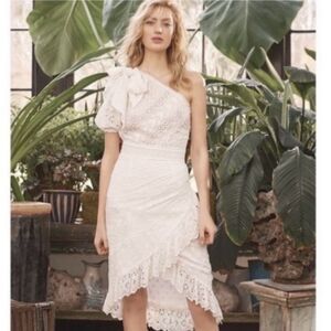 Ulla Johnson Gwyneth Eyelet Midi Dress One Shoulder Bow Cotton White Size 4